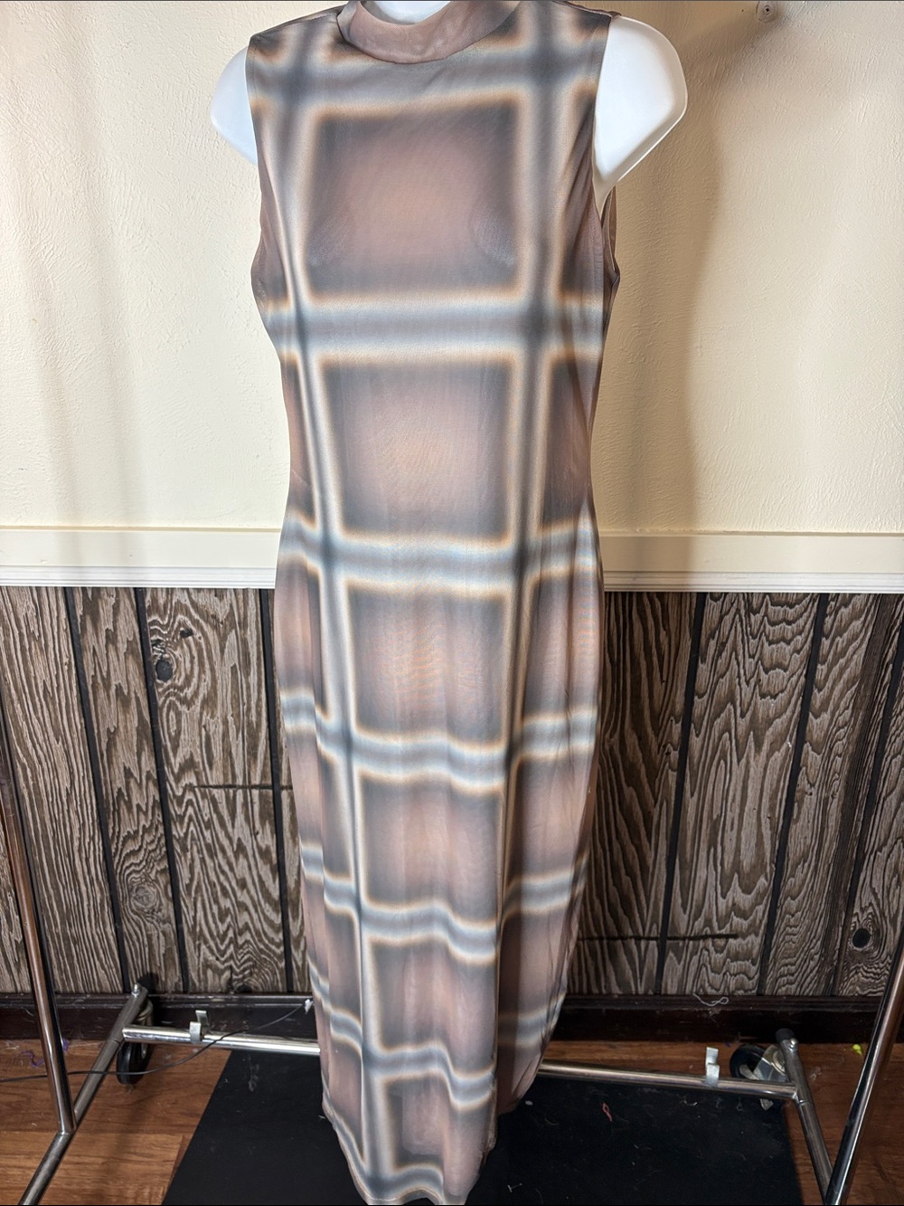 Sleeveless Mesh Maxi Dress in Taupe Rainbow Geometric
